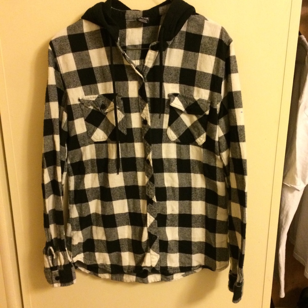 Blue and white plaid flannel with hood